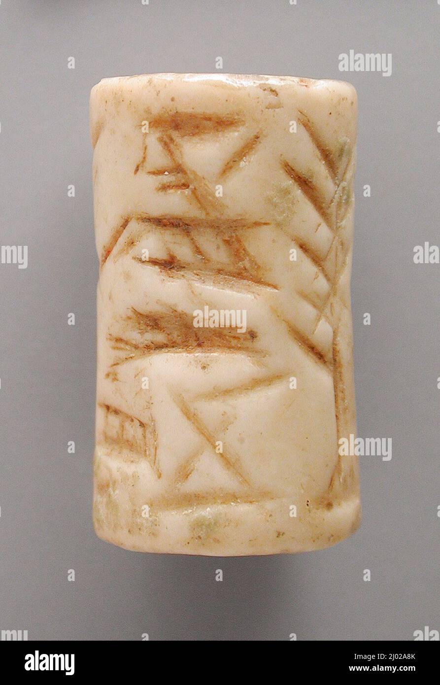 Guarnizione del cilindro. Mesopotamia, 2370-2230 a.C. Attrezzi e attrezzatura; guarnizioni. Pietra, alabastro Foto Stock