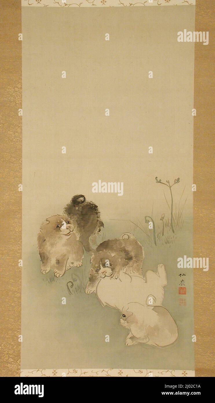 Cinque cuccioli. Maruyama Ōkyo (Giappone, 1733-1795). Giappone, 18th secolo. Quadri; scorre. Rotolo sospeso; inchiostro e colore leggero su seta Foto Stock