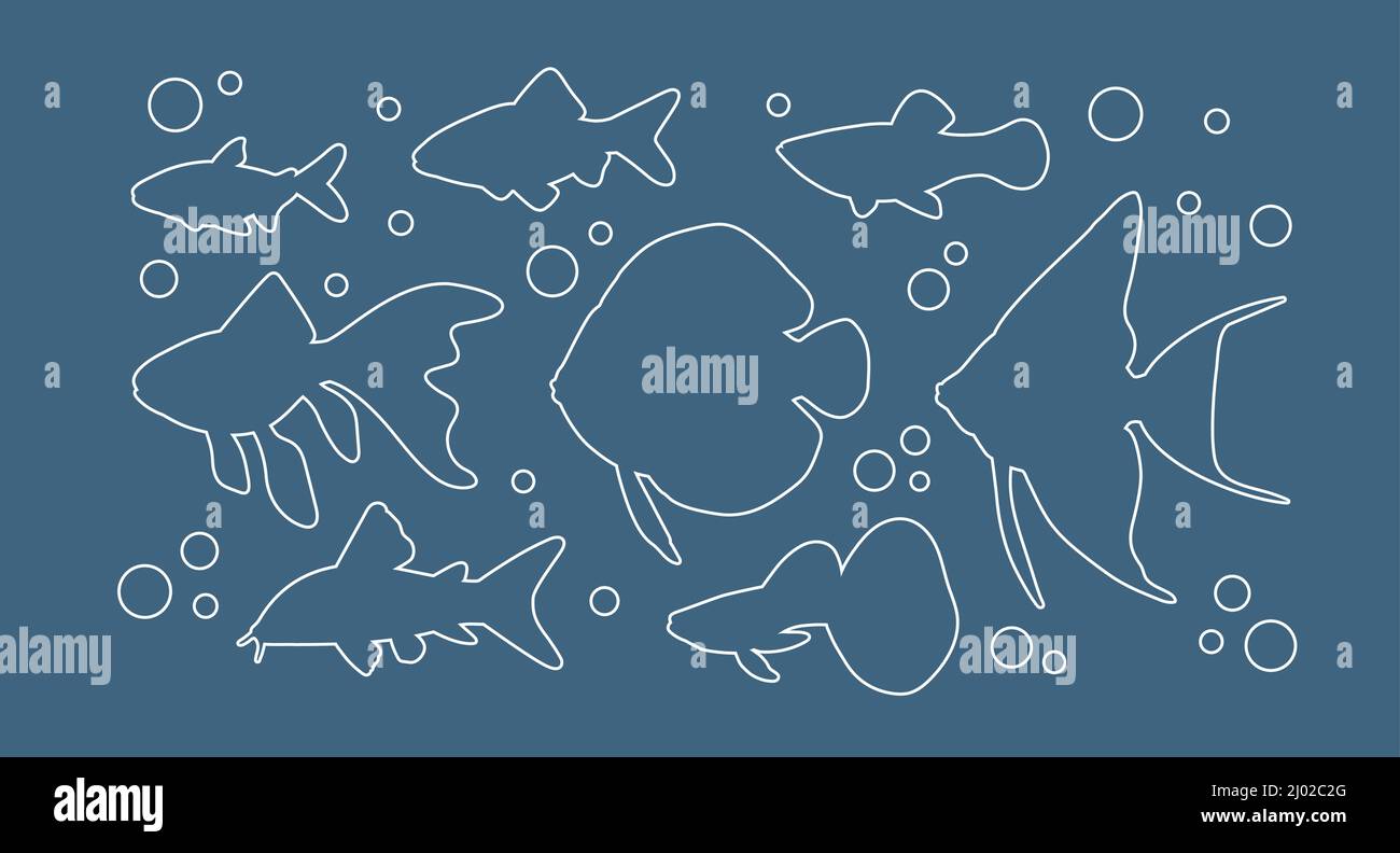 Acquario di acqua dolce pesci in linea arte su sfondo blu.illustrazione vettoriale Illustrazione Vettoriale