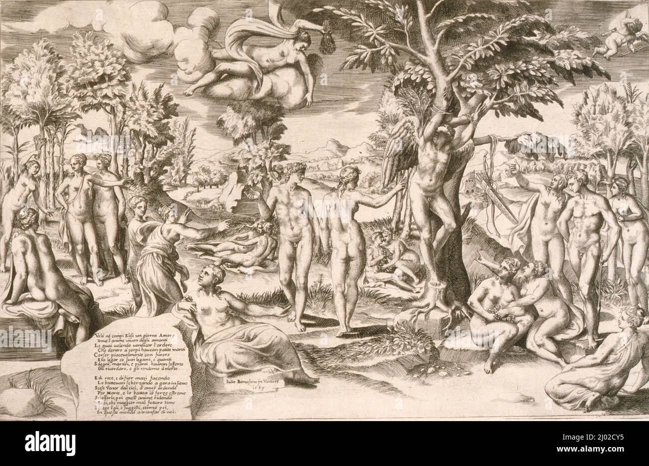 Cupido nei campi Elisi. Giulio di Antonio Bonasone (Bologna, circa 1498-1580). Italia, 1563. Stampe; incisioni. Incisione Foto Stock