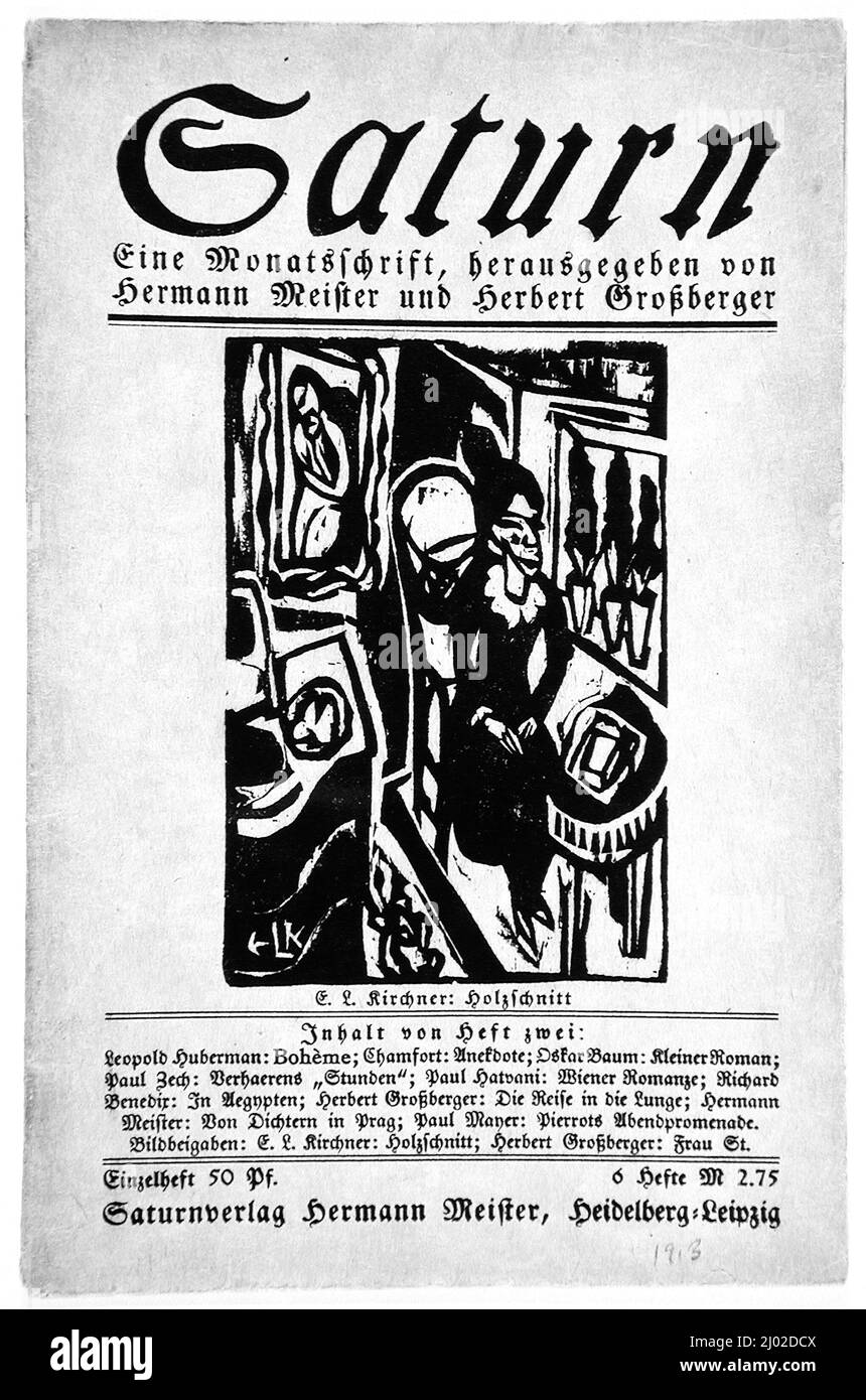 Saturno, 3, no 2 (1913). Ernst Ludwig Kirchner (Germania, 1880-1938)Herbert Grossberger (1890-1954). Germania, Heidelberg-Leipzig, 1913. Periodici. Materiale stampato con due tagli di legno e un linocut su carta ovata Foto Stock