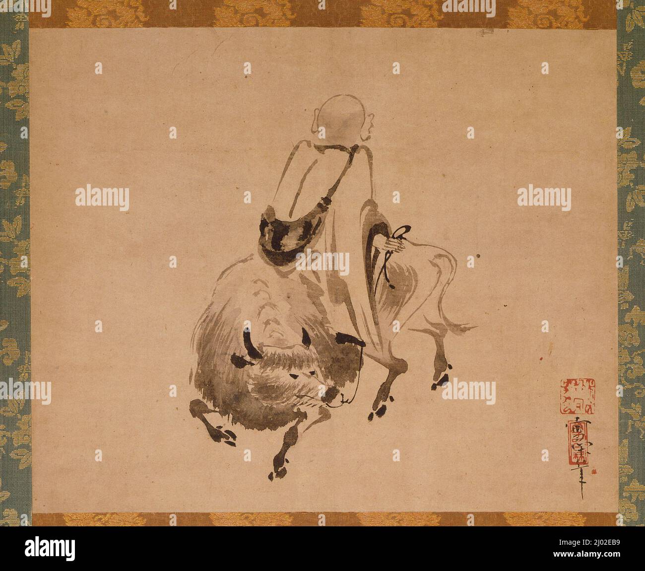 Seiōgyū Riding indietro su un Ox. Sekkan (Giappone, attivo dal 1555 al 1558). Giappone, metà del 16th secolo. Quadri; scorre. Scorrimento sospeso; inchiostro sulla carta Foto Stock