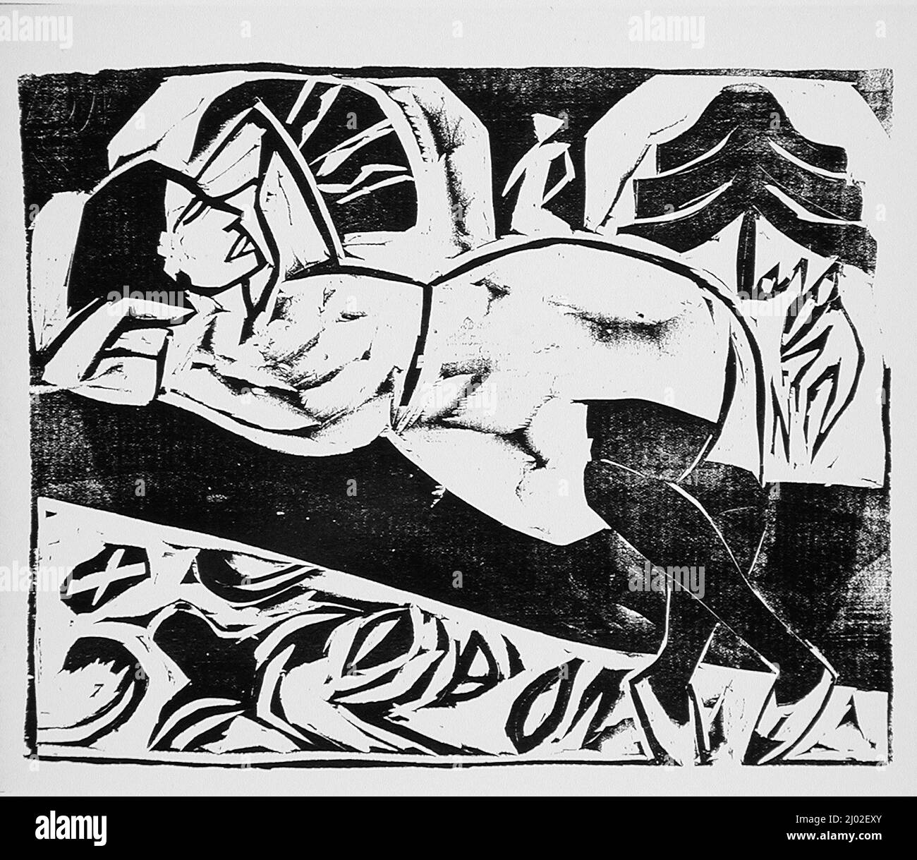 Ragazza reclinata. Ernst Ludwig Kirchner (Germania, 1880-1938). Germania, 1911. Stampe; tagli di legno. Taglio di legno su carta straccia Foto Stock