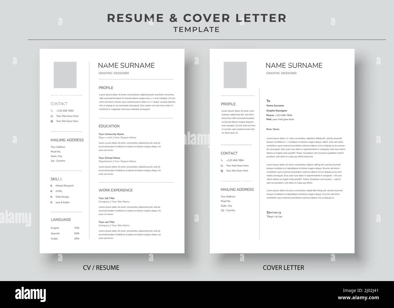 Modello di lettera di riassunto e di copertina, modello di curriculum minimalista cv, curriculum professionale CV lavori Illustrazione Vettoriale