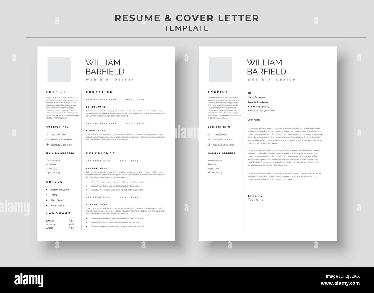 Modello di lettera di riassunto e di copertina, modello di curriculum minimalista cv, curriculum professionale CV lavori Illustrazione Vettoriale