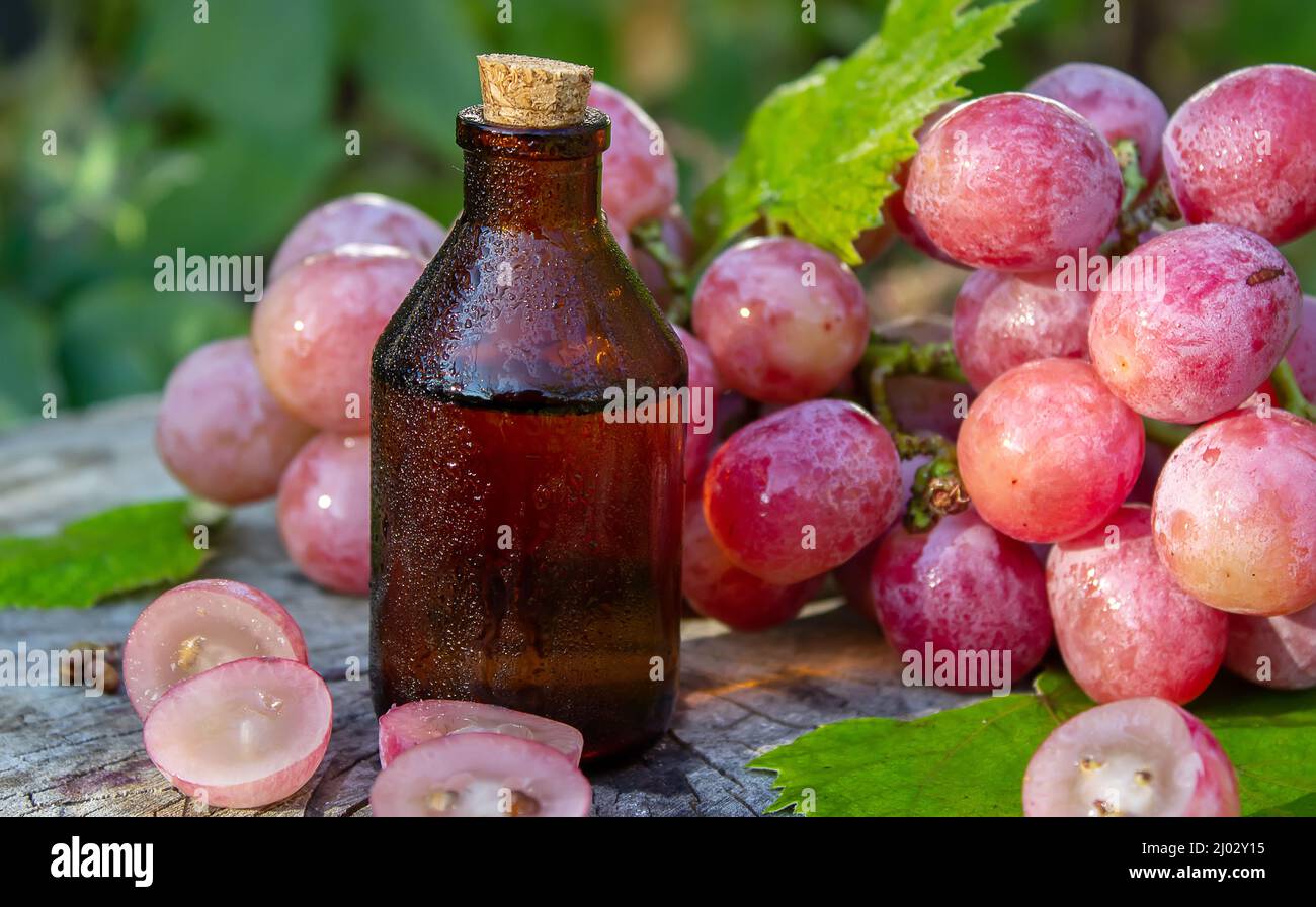Olio di semi di uva in un vaso di vetro e uva fresca per cure termali e del corpo. Il concetto di spa, bio, eco prodotti. Fuoco selettivo Foto Stock
