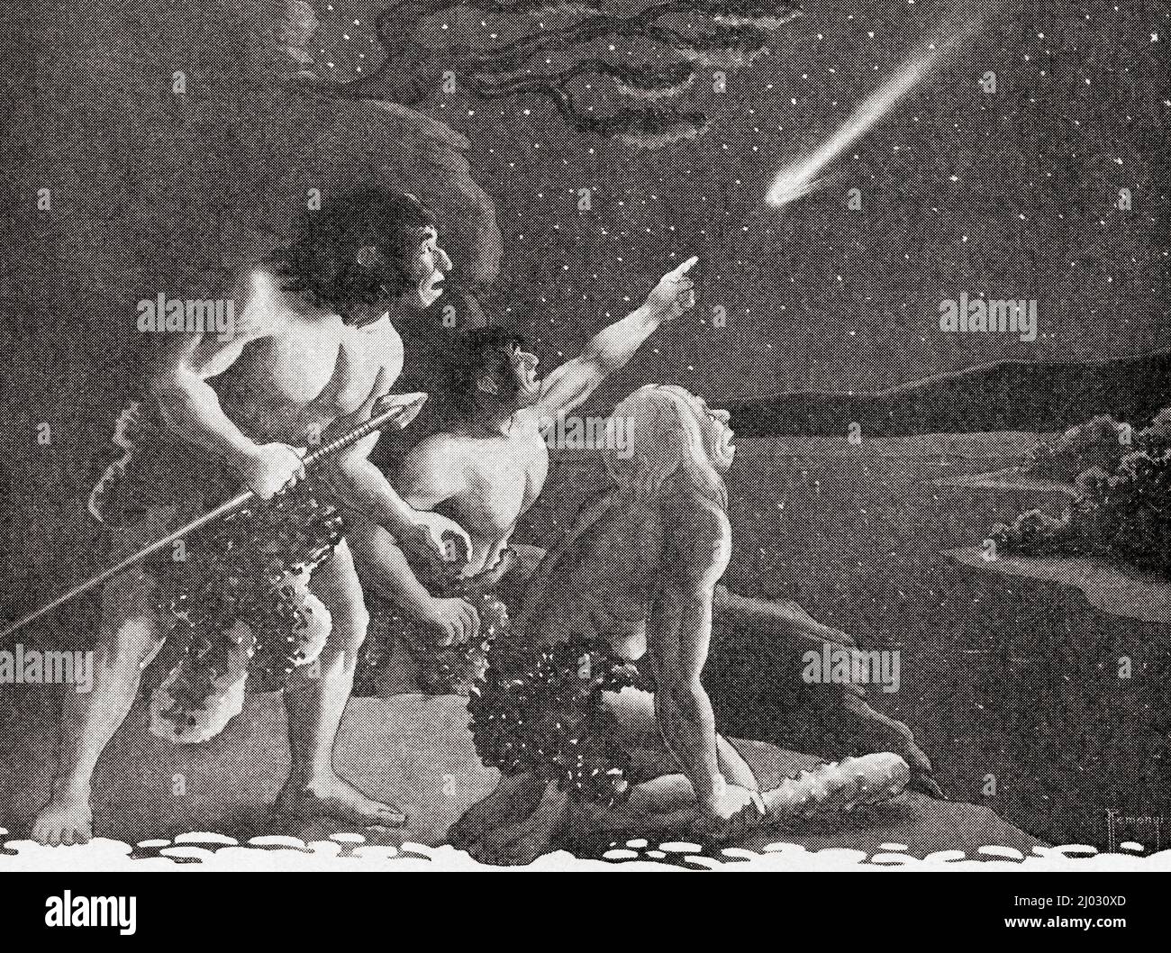 Primi cavemen che guardano le stelle. Dal Paese delle meraviglie della conoscenza, pubblicato c.1930 Foto Stock