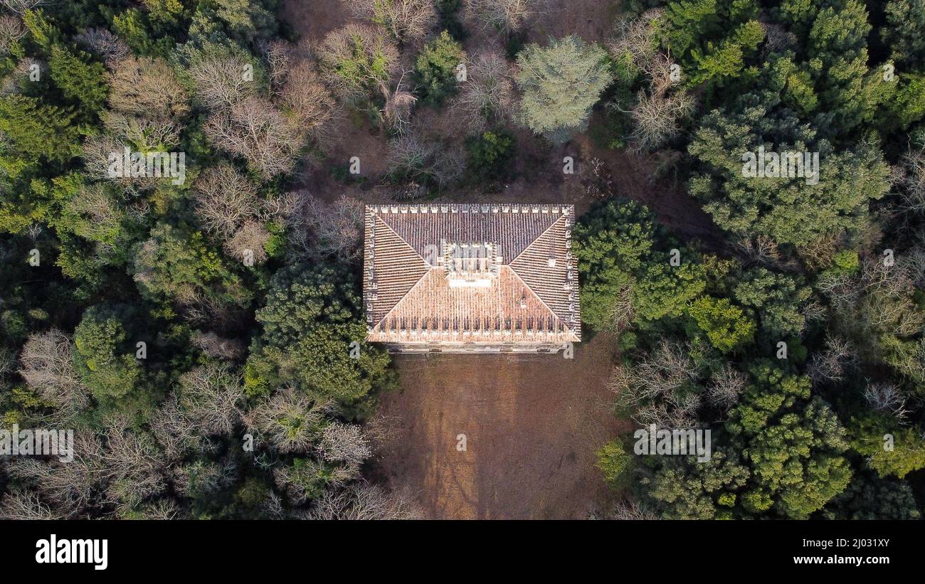 Scatto aereo del palazzo Giustiniani circondato da alberi Foto Stock