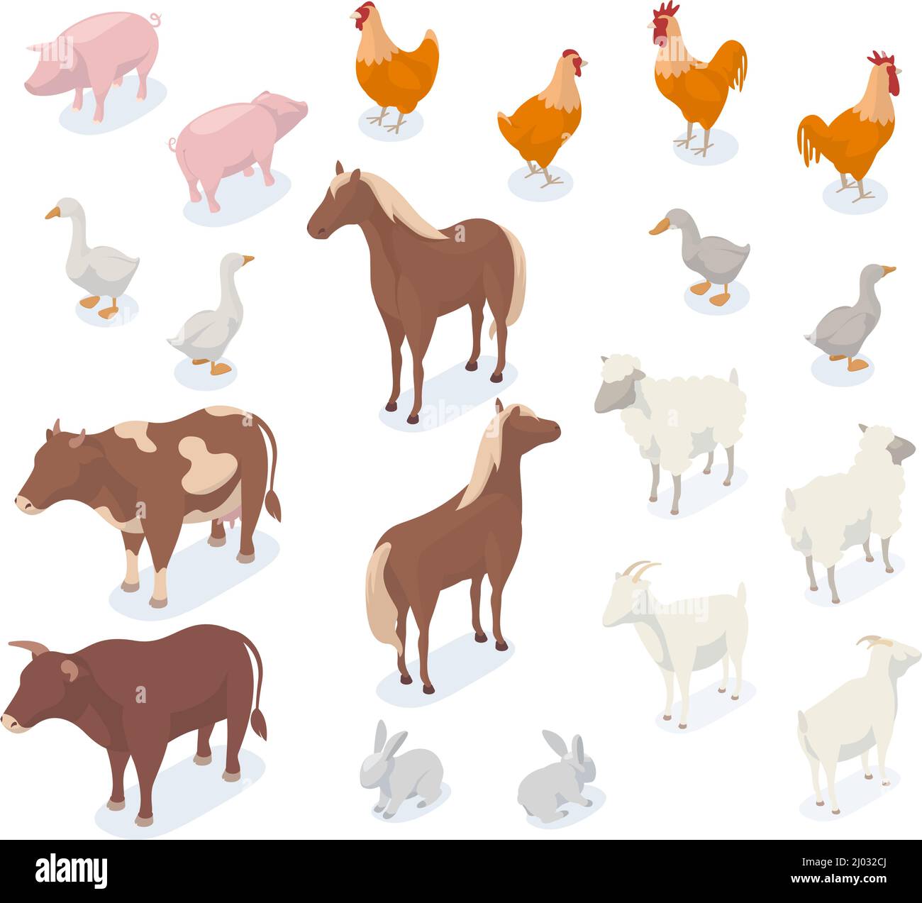 Animali da fattoria isometrici, 3D suini, mucca, pollo, capra e cavallo. Animali agricoli e uccelli, set di illustrazione di vettori di cani e navi. Fattoria nazionale Illustrazione Vettoriale