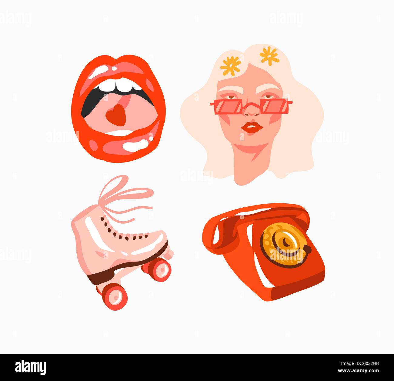 Disegno a mano vettore astratto stock flat grafica illustrazioni colection set con retro, vintage boho labbra moderne, hippie girl ritratto, telefono e rullo Illustrazione Vettoriale