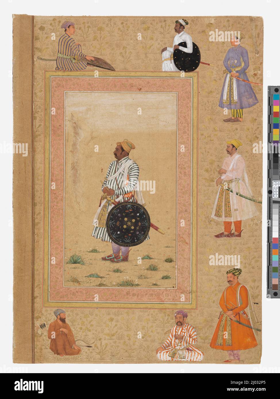 Rao Chattarsal di Bundi (?), Folio del Late Shah Jahan Album. Forse Balchand (India, circa 15961640)Mir Ali (1500-1544). India, impero Mughal (verso); Iran (recto), 1640-1650 (verso), 1500-1544 (recto). Disegni; acquerelli. Acquerello opaco, oro e inchiostro su carta Foto Stock