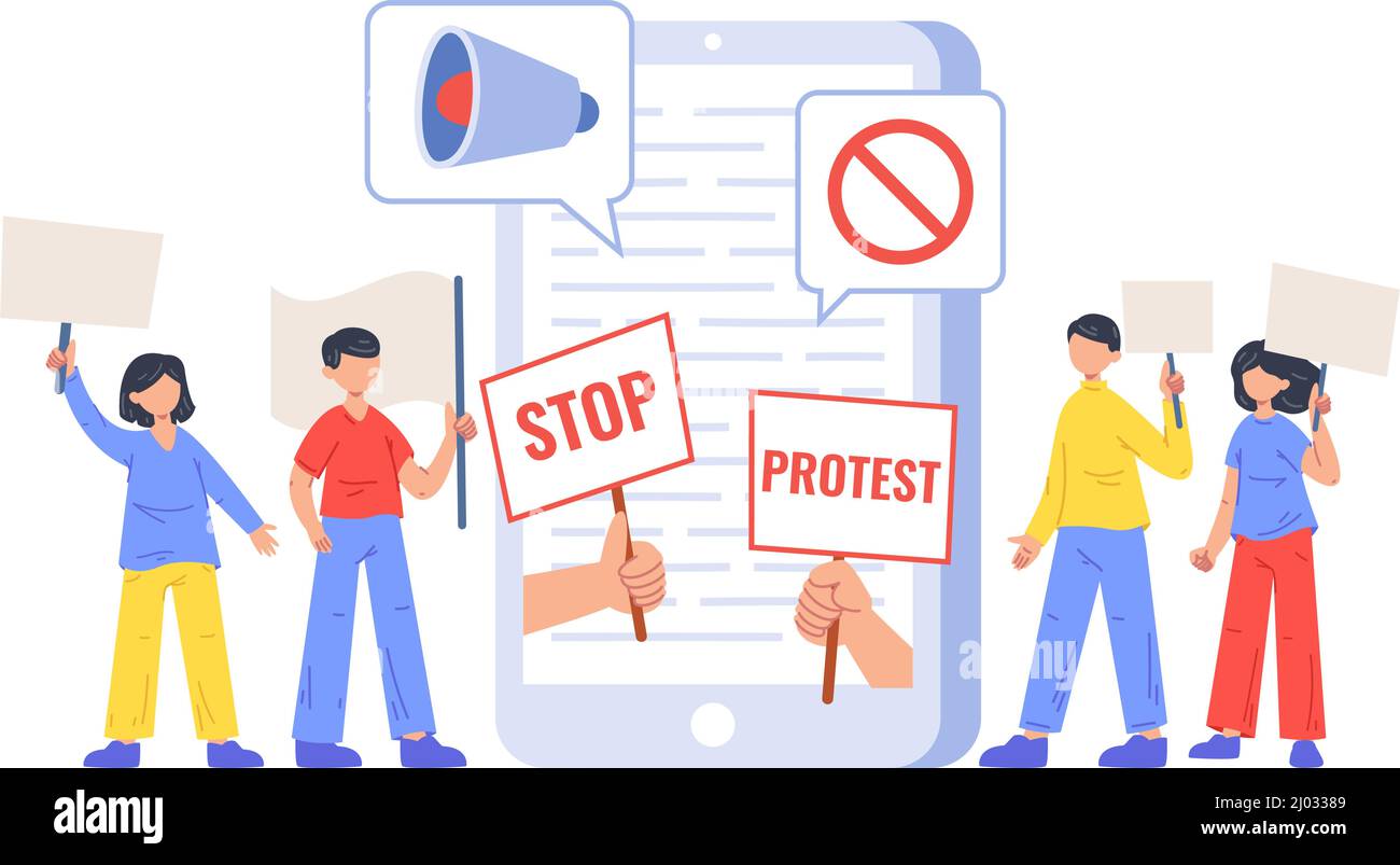 Attivismo sociale, movimento di protesta politica della diversità. Persone che protestano online incontro vettore illustrazione. Protesta di Internet Illustrazione Vettoriale