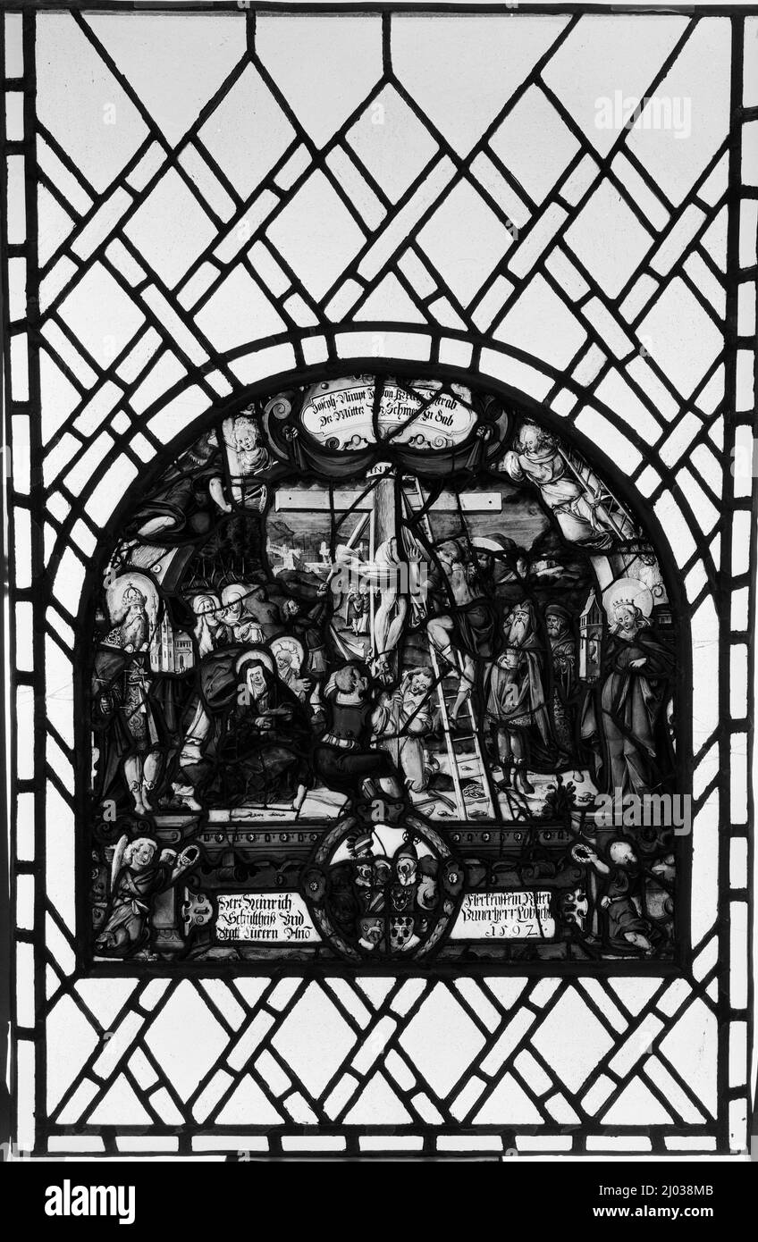 Discesa dalla Croce. Attribuito a Franz Fallenter (Svizzera, Lucerna, Convento di Rathausen, chiostro, 1591-1623). Svizzera, Lucerna (Convento di Rathausen), 1592. Architettura; elementi architettonici. Pentola di metallo; vetro bianco con macchia d'argento, sanguina e smalto Foto Stock