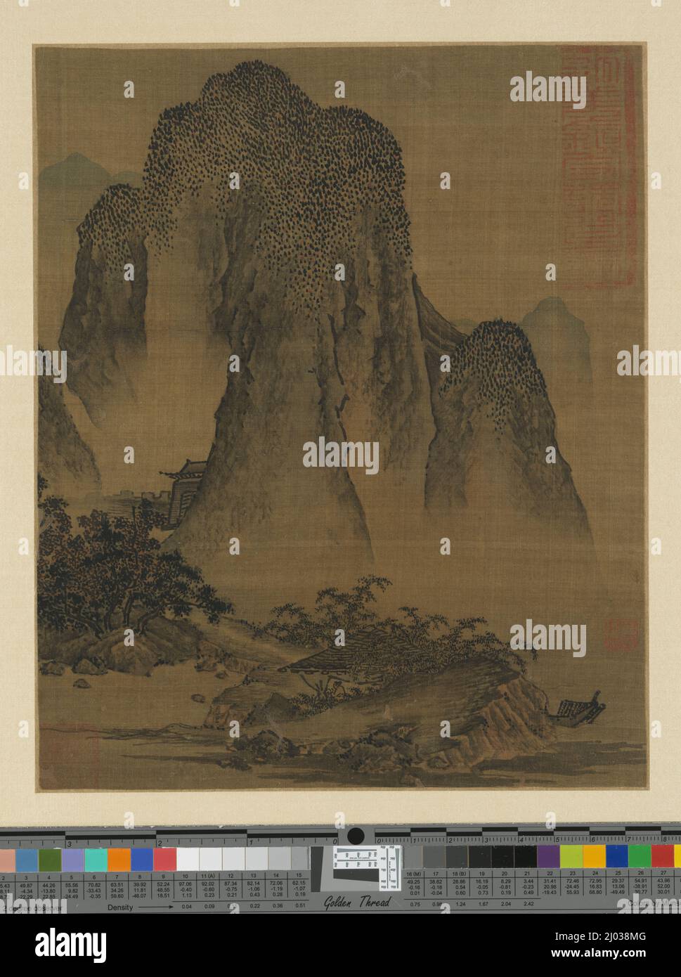 Paesaggio nello stile di Fan Kuan. Cina, cinese, dinastia Yuan (14th secolo). Dipinti. Copertina dell'album, inchiostro e colore chiaro su seta Foto Stock