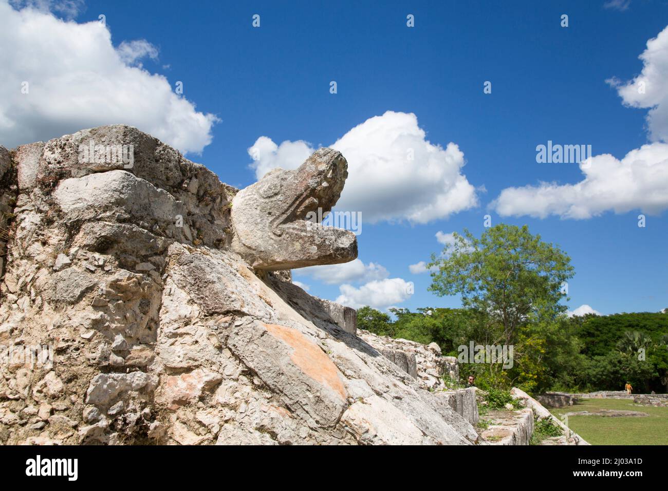 Testa serpente di pietra, Tempio dei Guerrieri, rovine Maya, zona archeologica maya, Stato dello Yucatan, Messico, Nord America Foto Stock