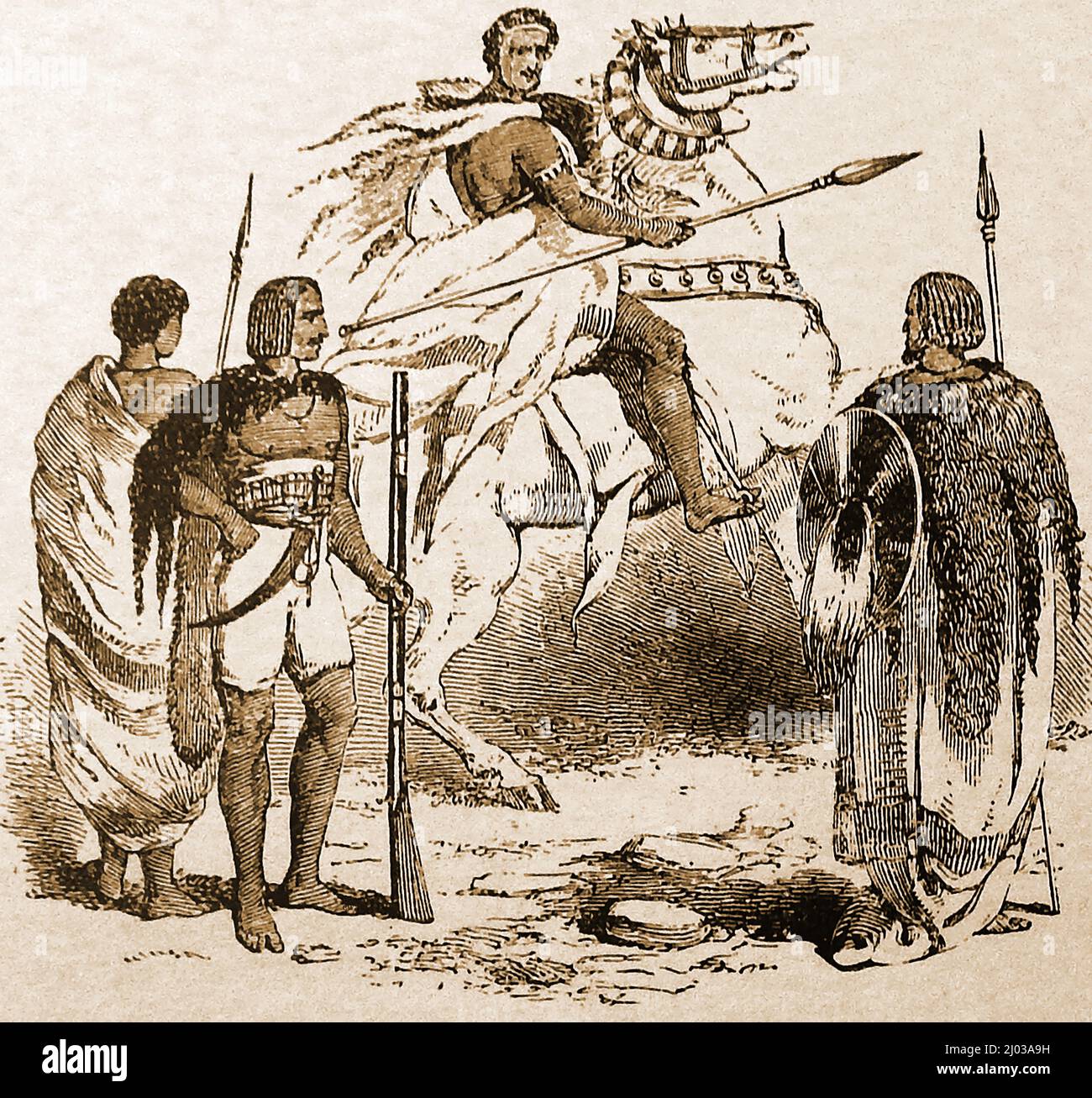 Illustrazione del 1890 di un capo Abissiniano su un cavallo e i suoi soldati Foto Stock