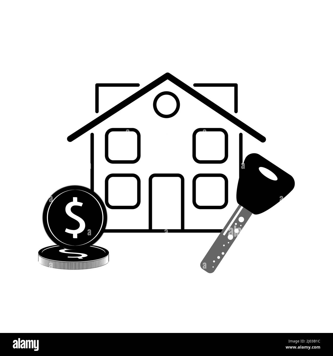 Comprare vendere o affittare un concetto di casa. Soldi, casa e icona chiave isolato su sfondo bianco. Illustrazione vettoriale Illustrazione Vettoriale