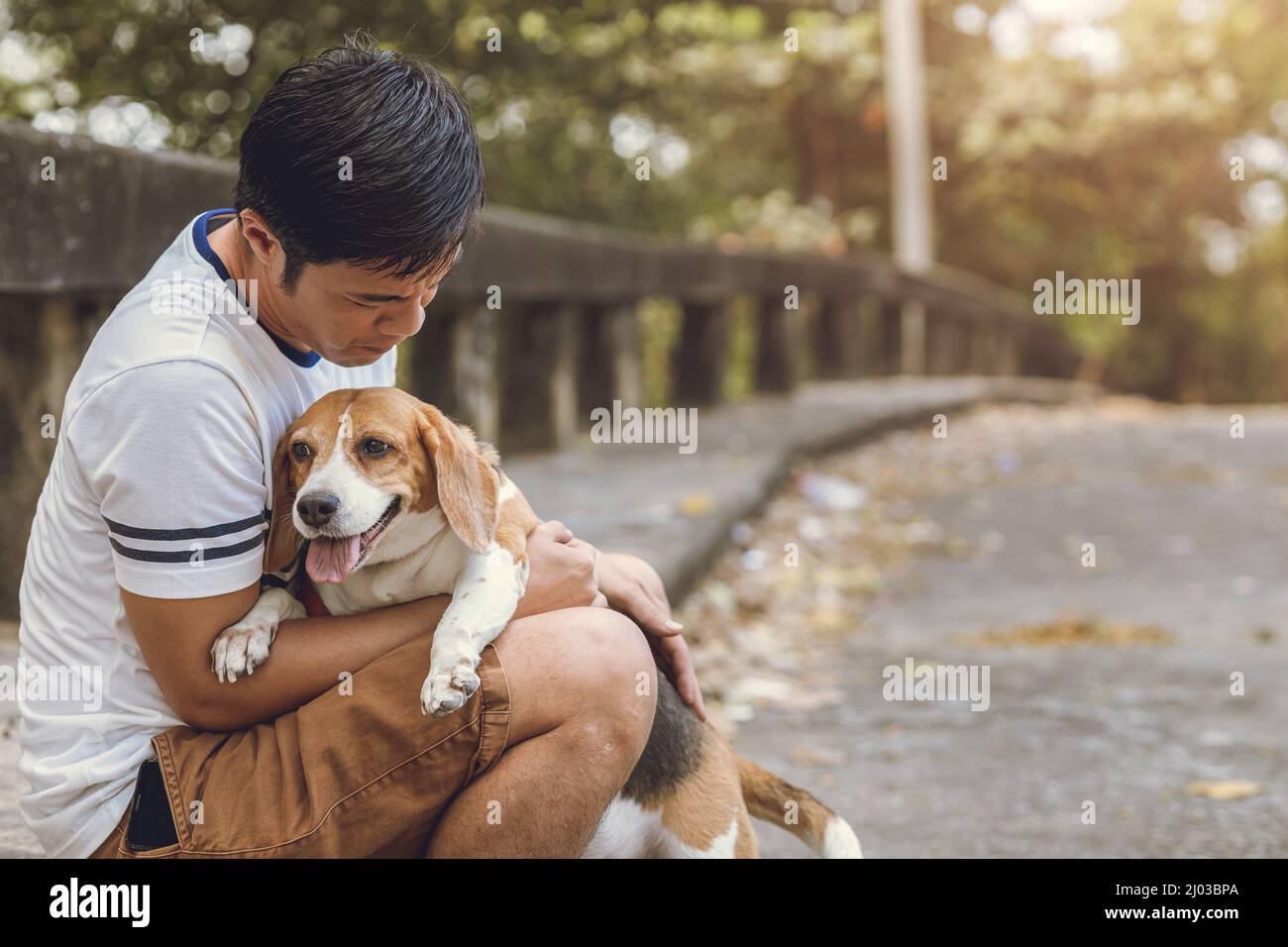 La gente ama e cura il suo cane da compagnia. Vecchio cane Beagle stare con l'uomo. Foto Stock