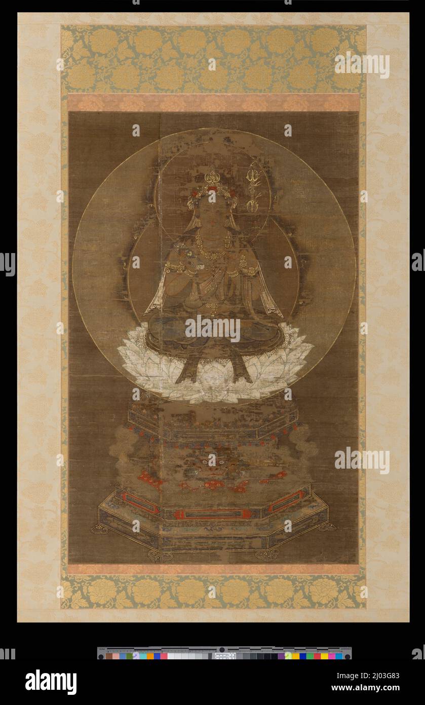 Monju; Bodhisattva che personifica la saggezza. Anonimo. Giappone, circa 1300-1325. Dipinti. Rotolo sospeso; colori e inchiostro dorato su seta Foto Stock