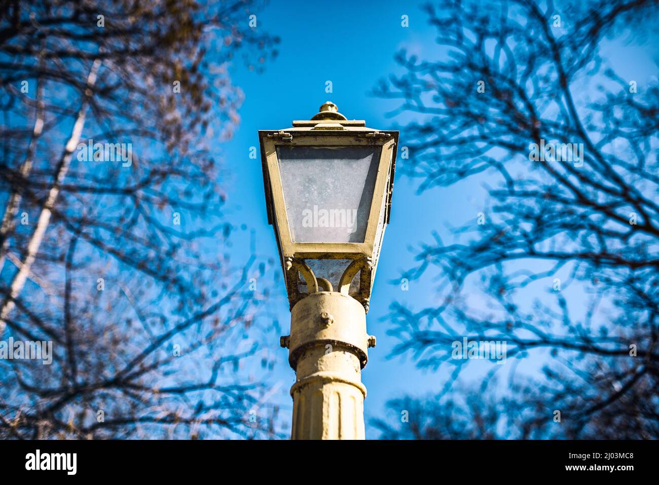 Tipico design di luci per la strada a Budapest - Ungheria, sfondo blu sfocato Foto Stock