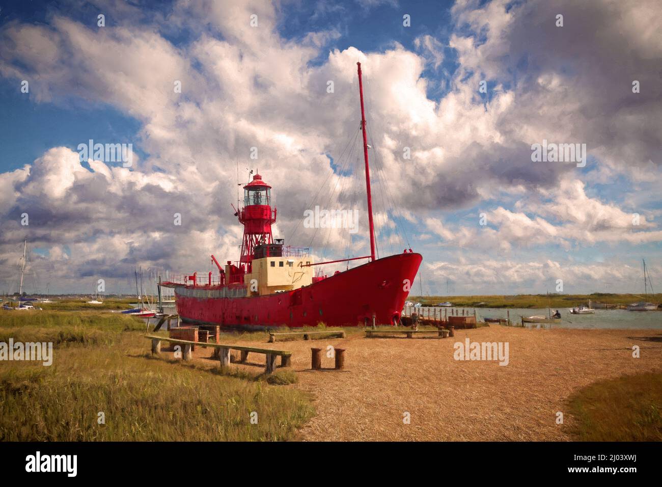 La nave luminosa a Tollesbury , Essex, Inghilterra. L'immagine è una creazione di arte digitale. Foto Stock