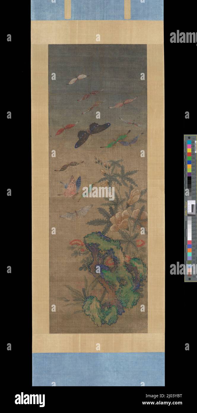 Farfalle, fiori e rocce. Corea, Corea, dinastia Joseon 1392-1910, 18th-19th secolo. Dipinti. Rotolo, inchiostro e colore appesi sulla seta Foto Stock