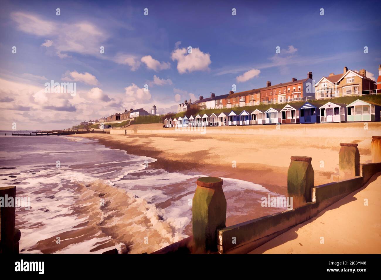 Southwold Beach mostra la città, capanne sulla spiaggia e faro, l'immagine è una creazione d'arte digitale. Foto Stock