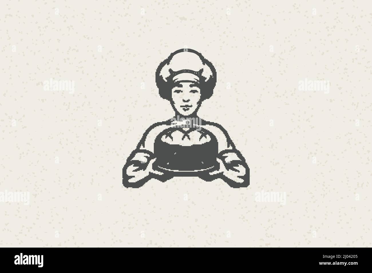 Silhouette di cuoco maschio piatto di trasporto panettiere con torta fresca disegno a mano effetto timbro illustrazione vettoriale. Grana vintage su vecchio backgrou di carta Illustrazione Vettoriale