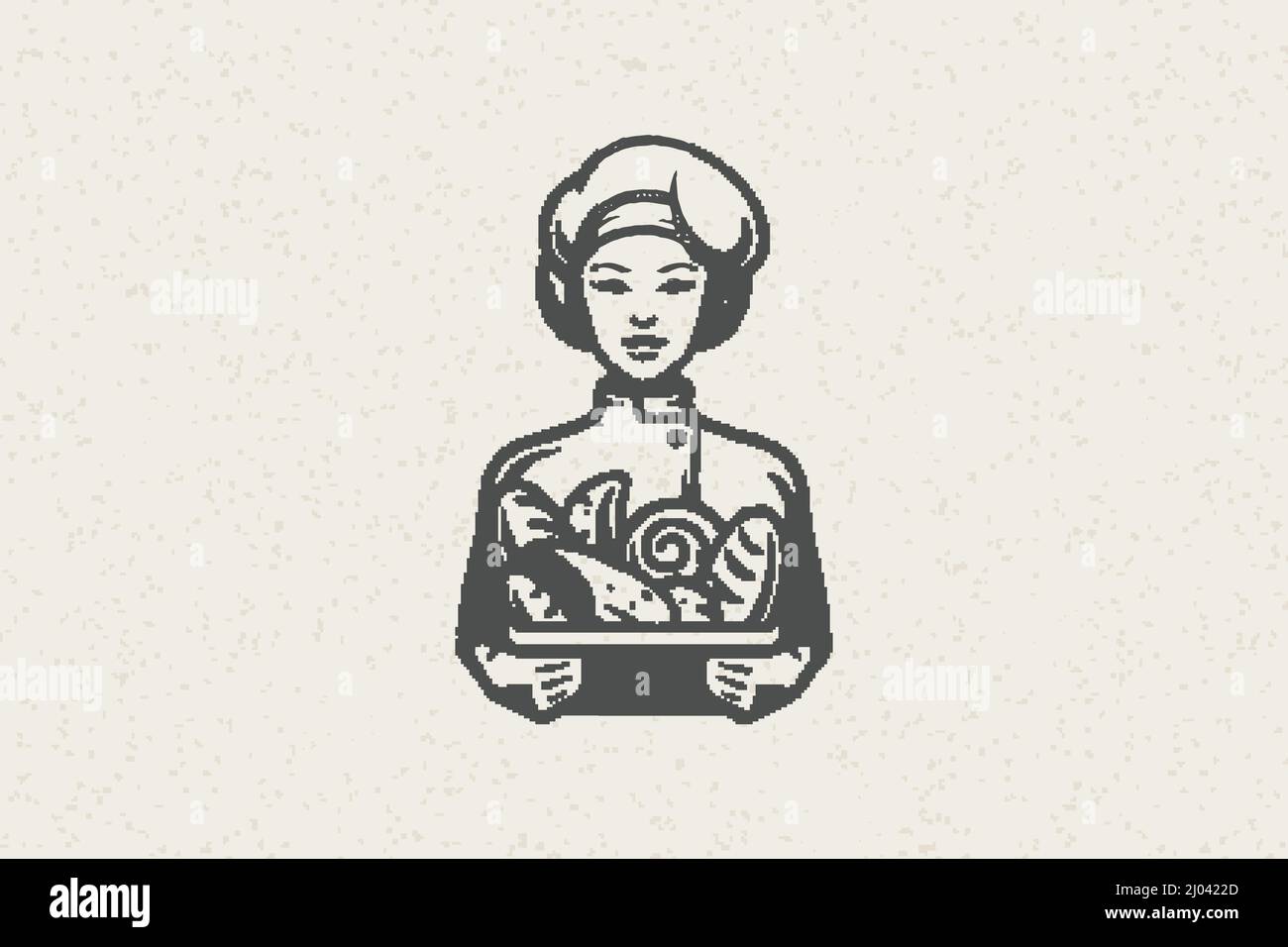 Silhouette di donna panettiere in uniforme chef con contenitore di panini freschi lavoro in panetteria disegno a mano effetto timbro illustrazione vettoriale. Testo vintage grunge Illustrazione Vettoriale