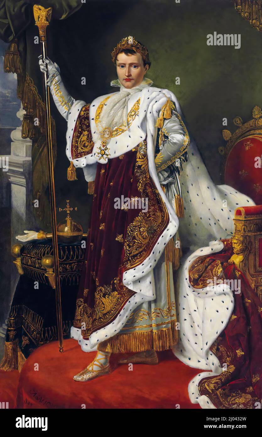 Ritratto dell'imperatore Napoleone Bonaparte (1769-1821), a tutta lunghezza in abiti da incoronazione, dipinto a olio su tela di Alexandre Benoit Jean Dufay, 1809 Foto Stock