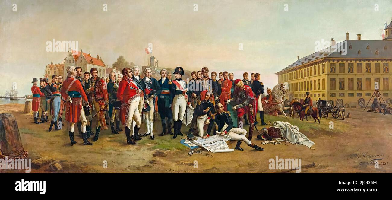 Napoleone che dà i piani per le banchine di Anversa, dipinto a olio su tela di Jan Baptiste Huysmans, 1866 Foto Stock