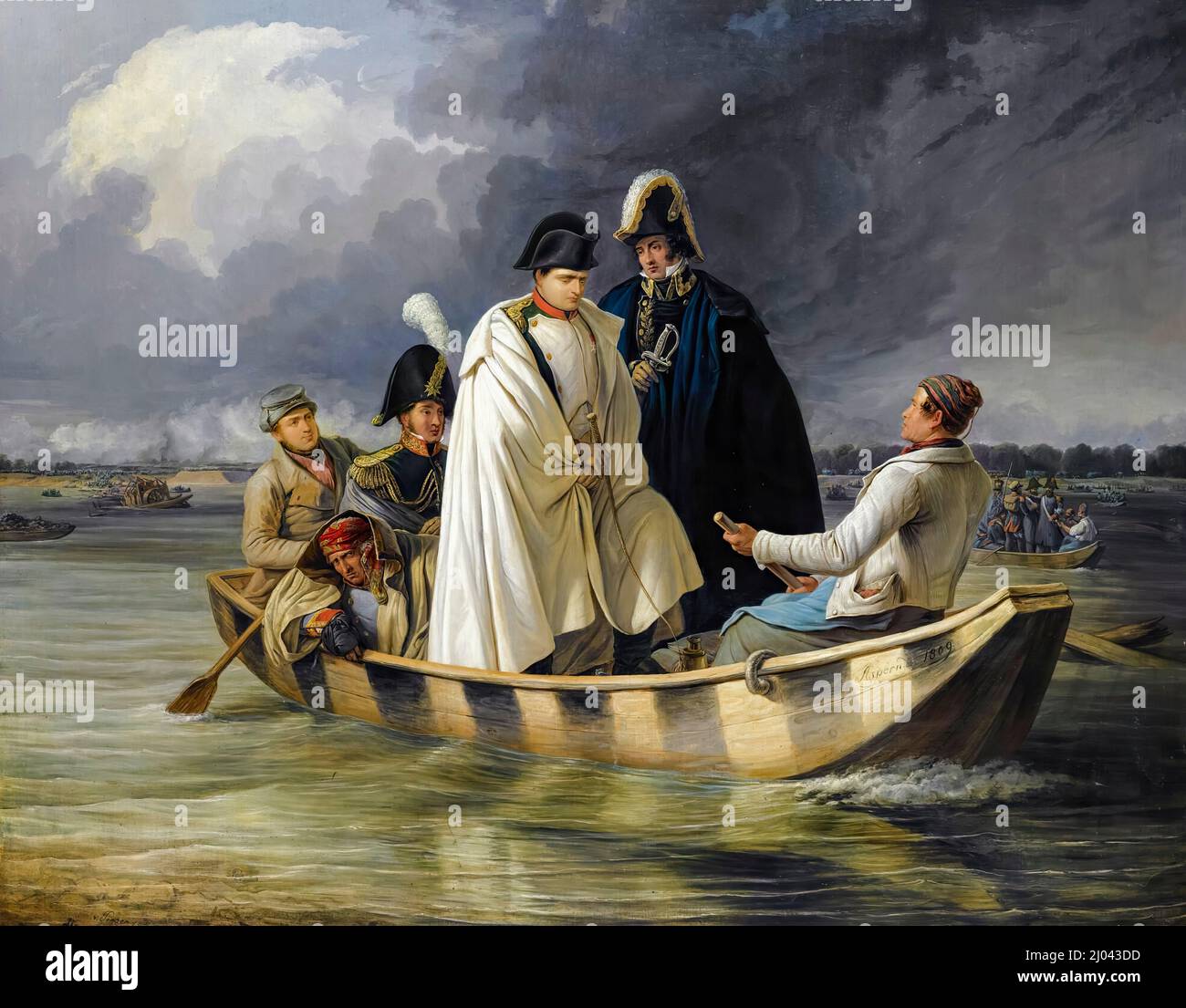Napoleone lascia il Lobau dopo la sconfitta alla battaglia di Aspern-Essling (21st-22nd maggio 1809), dipinto ad olio su tela di Anton Ritter von Perger, 1845 Foto Stock