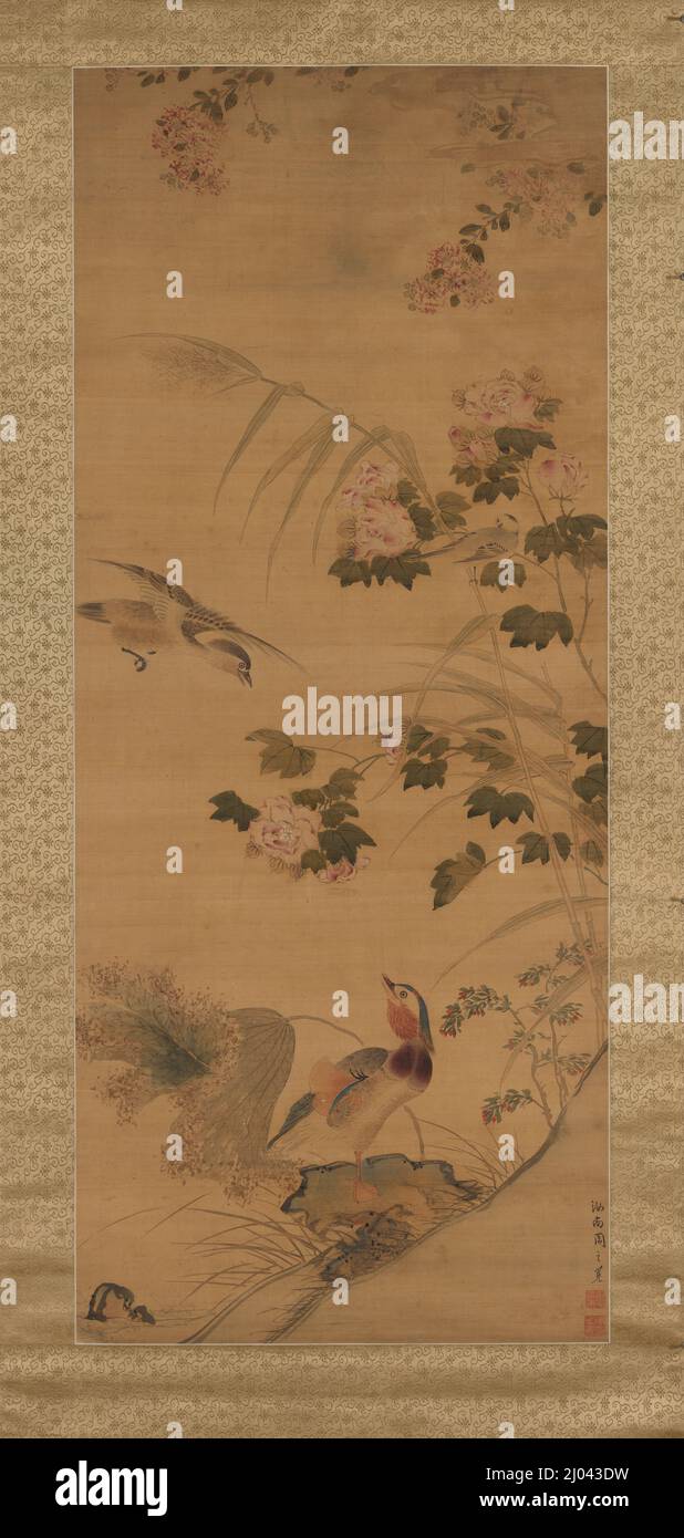 Fiori e uccelli. Zhou Zhimian (Cina, circa 1580-1610). Cina, cinese, dinastia Ming, circa 1580-1610. Dipinti. Rotolo, inchiostro e colore appesi sulla seta Foto Stock