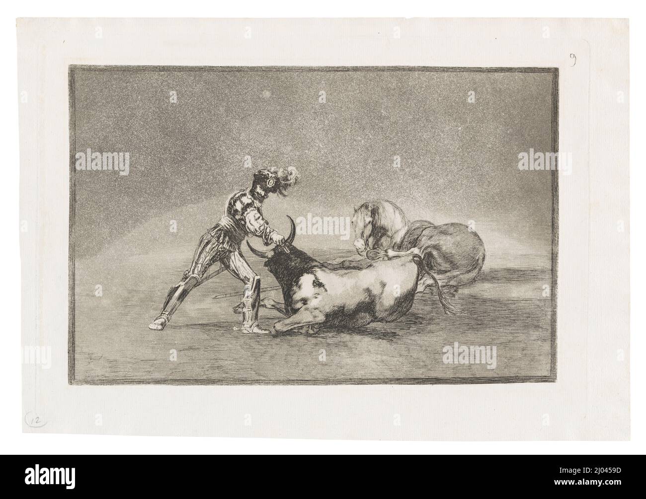 Un Caballero español mata un toro despues de haber perdido el caballero. Francisco Goya y Lucientes (Spagna, Fuendetodos, 1746-1828). Spagna, 1816. Stampa. Acquaforte, acquatint brunita, e burin Foto Stock