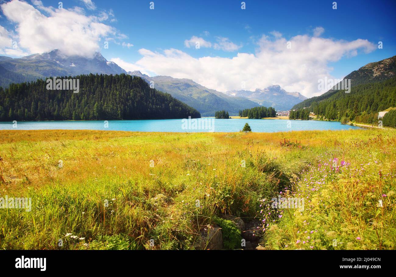 Fantastico lago azzurro alpino Champfer. Scena insolita e pittoresca. Ubicazione località famosa località Silvaplana villaggio, distretto di Maloja nel cantone svizzero Foto Stock