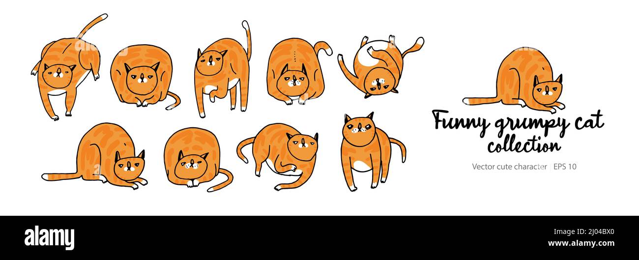 Personaggio rosso del gatto. Cat pone ed emozioni impostate. Carino, pigro e Grumpy Kitty. Collezione vettoriale con Ginger Cat Funny in diverse pose. Cartoon Doodle Illustrazione Vettoriale