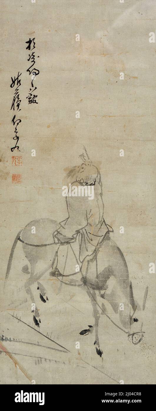 Panning Lang su un asino. I Fukyū (Yi Fujiu) (Cina, Giappone attivo, 1698-dopo il 1747). Cina o Giappone, fine 17th-18th secolo. Quadri; scorre. Scorrimento sospeso; inchiostro sulla carta Foto Stock