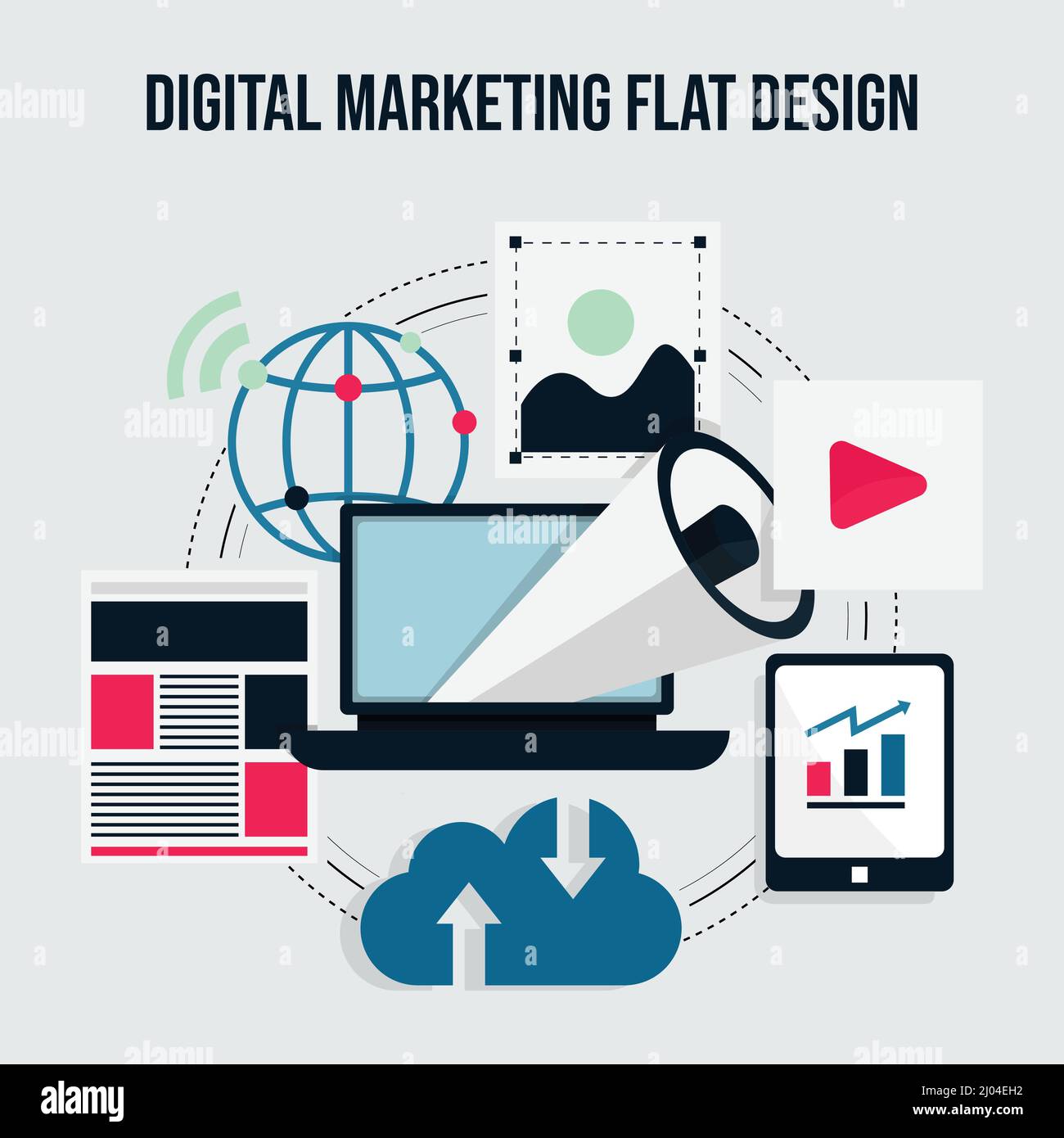 Concetto di marketing digitale immagine vettoriale flat design. Marketing dei contenuti, promozione, condivisione, strategia, marketing digitale, web advertising concetto Illustrazione Vettoriale