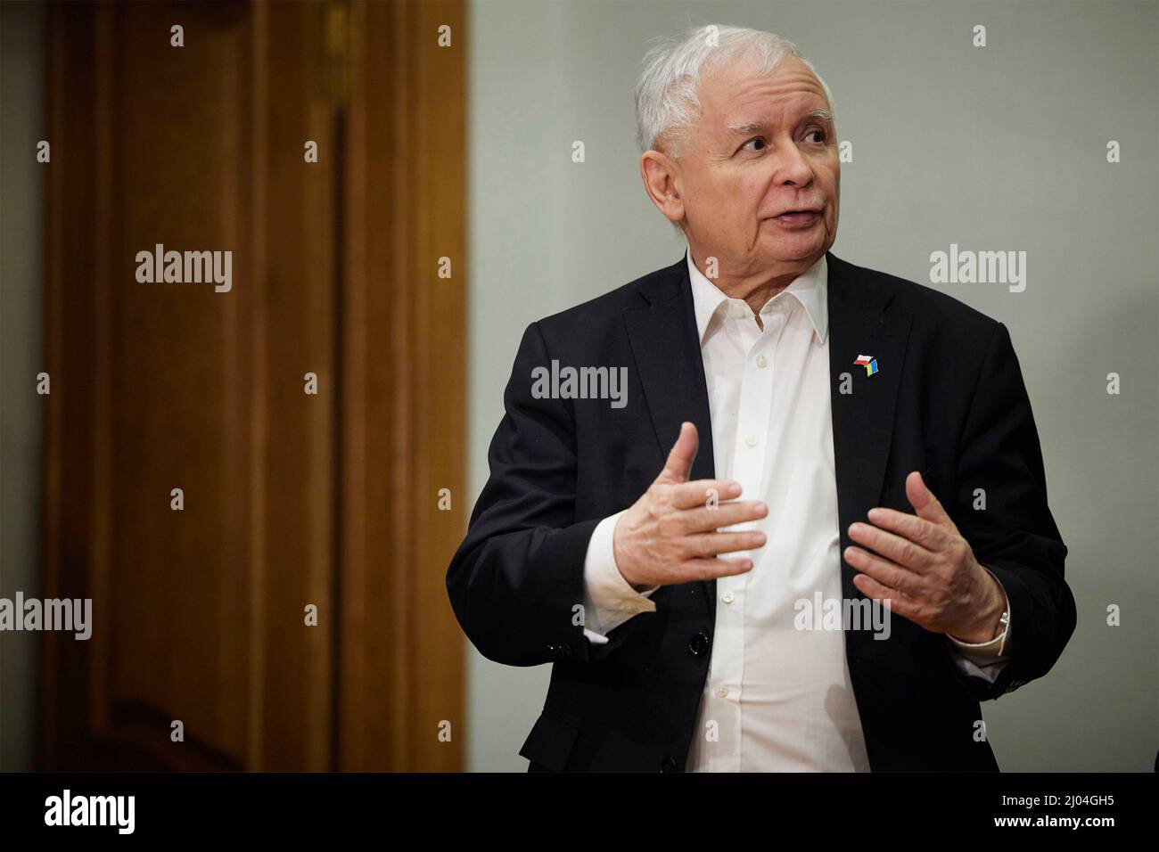 Kiev, Ucraina. 15th Mar 2022. Il vice primo ministro polacco Jaroslaw Kaczynski, commenta durante una conferenza stampa congiunta a seguito di colloqui con il presidente ucraino Volodymyr Zelenskyy in una sede sicura il 15 marzo 2022 a Kiev, Ucraina. Credit: Ukraine Presidency/Ukraine Presidency/Alamy Live News Foto Stock