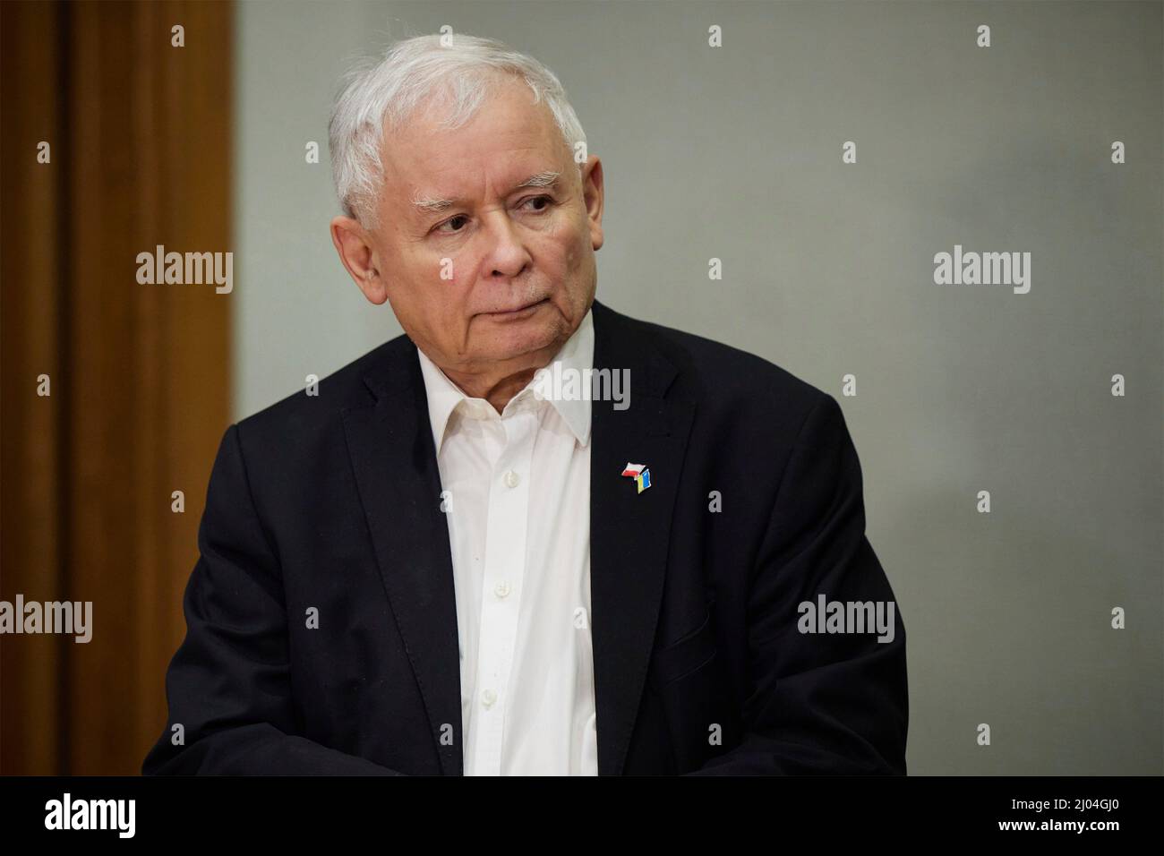 Kiev, Ucraina. 15th Mar 2022. Il vice primo ministro polacco Jaroslaw Kaczynski, si occupa di una conferenza stampa congiunta a seguito dei colloqui con il presidente ucraino Volodymyr Zelenskyy in una sede sicura il 15 marzo 2022 a Kiev, Ucraina. Credit: Ukraine Presidency/Ukraine Presidency/Alamy Live News Foto Stock