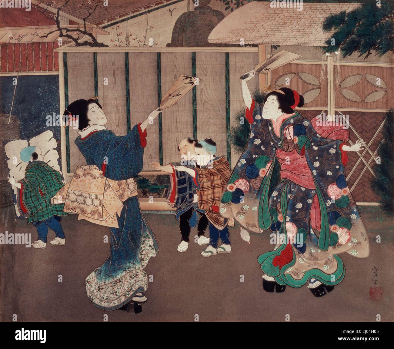Gennaio: Festeggiamo il nuovo anno. Tsukioka Yoshitoshi (Giappone, 1839-1892). Giappone, 1860s. Dipinti. Inchiostro e colori su seta Foto Stock