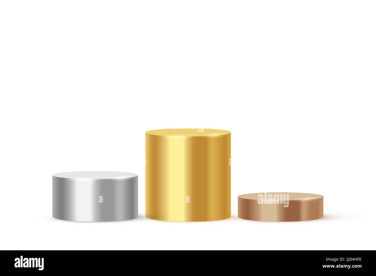 Podio per l'illustrazione vettoriale dei vincitori di oro, argento e bronzo. piedistallo a 3d stadi per la cerimonia di premiazione del campione, scale piattaforma incandescenti isolate su whi Illustrazione Vettoriale