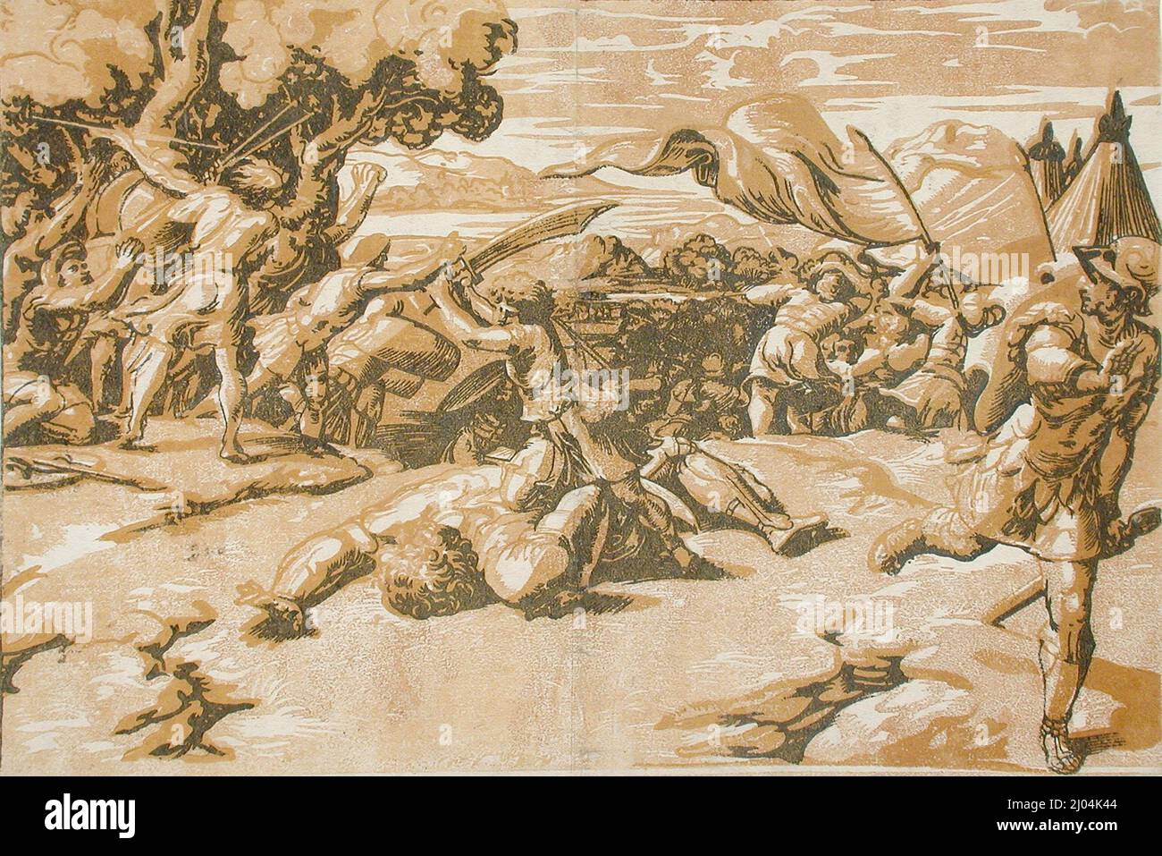 David Beheading Goliath. Ugo da Carpi (Italia, Carpi, circa 1468/70-1532)Raffaello Sanzio (Italia, 1483-1520). Italia, circa 1520-1527; stampa successiva. Stampe; tagli di legno. Chiaroscuro legno tagliato da tre blocchi Foto Stock