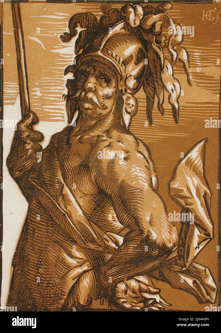Marte (mezza lunghezza). Hendrik Goltzius (Paesi Bassi, Mülbracht [ora Bracht-am-Niederrhein], 1558-1617). Olanda, circa 1588-1589. Stampe; tagli di legno. Ciaroscuro tagliato da tre blocchi (in ocra, marrone e nero) Foto Stock