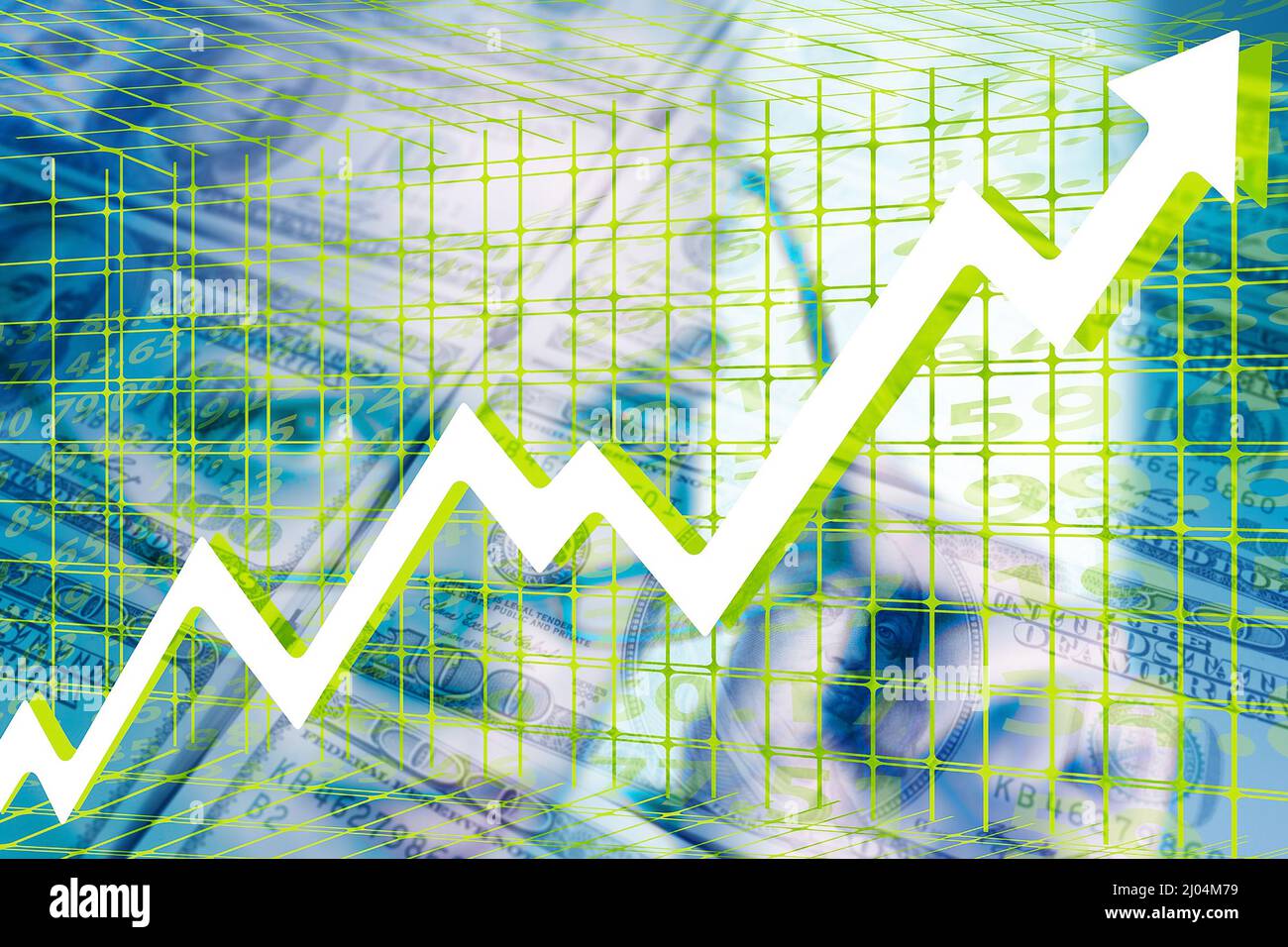 Grafico economico: Bollette da 100 dollari, freccia in ascesa e donna esecutiva (profitto, sviluppo, investimenti, crescita) Foto Stock