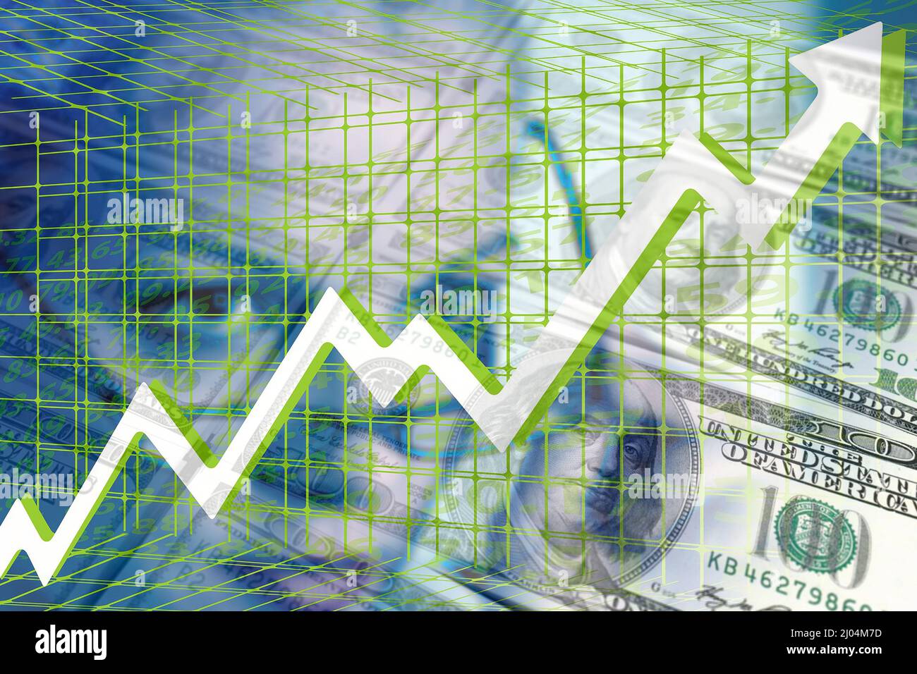 Grafico economico: Bollette da 100 dollari, freccia in ascesa e donna esecutiva (profitto, sviluppo, investimenti, crescita) Foto Stock
