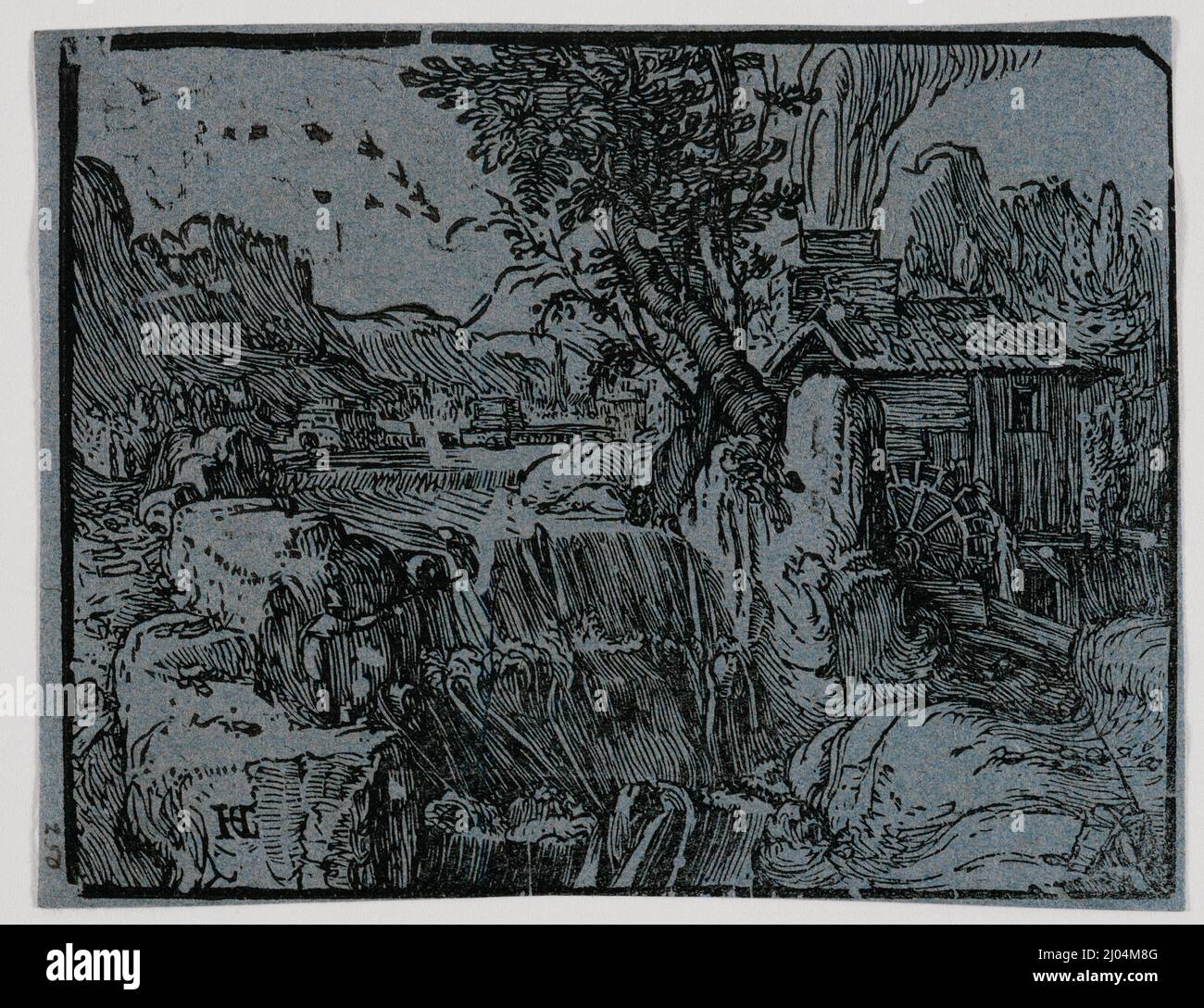 Paesaggio con cascata. Hendrik Goltzius (Paesi Bassi, Mülbracht [ora Bracht-am-Niederrhein], 1558-1617). Olanda, 1595-1600. Stampe; tagli di legno. Legno tagliato su carta blu Foto Stock