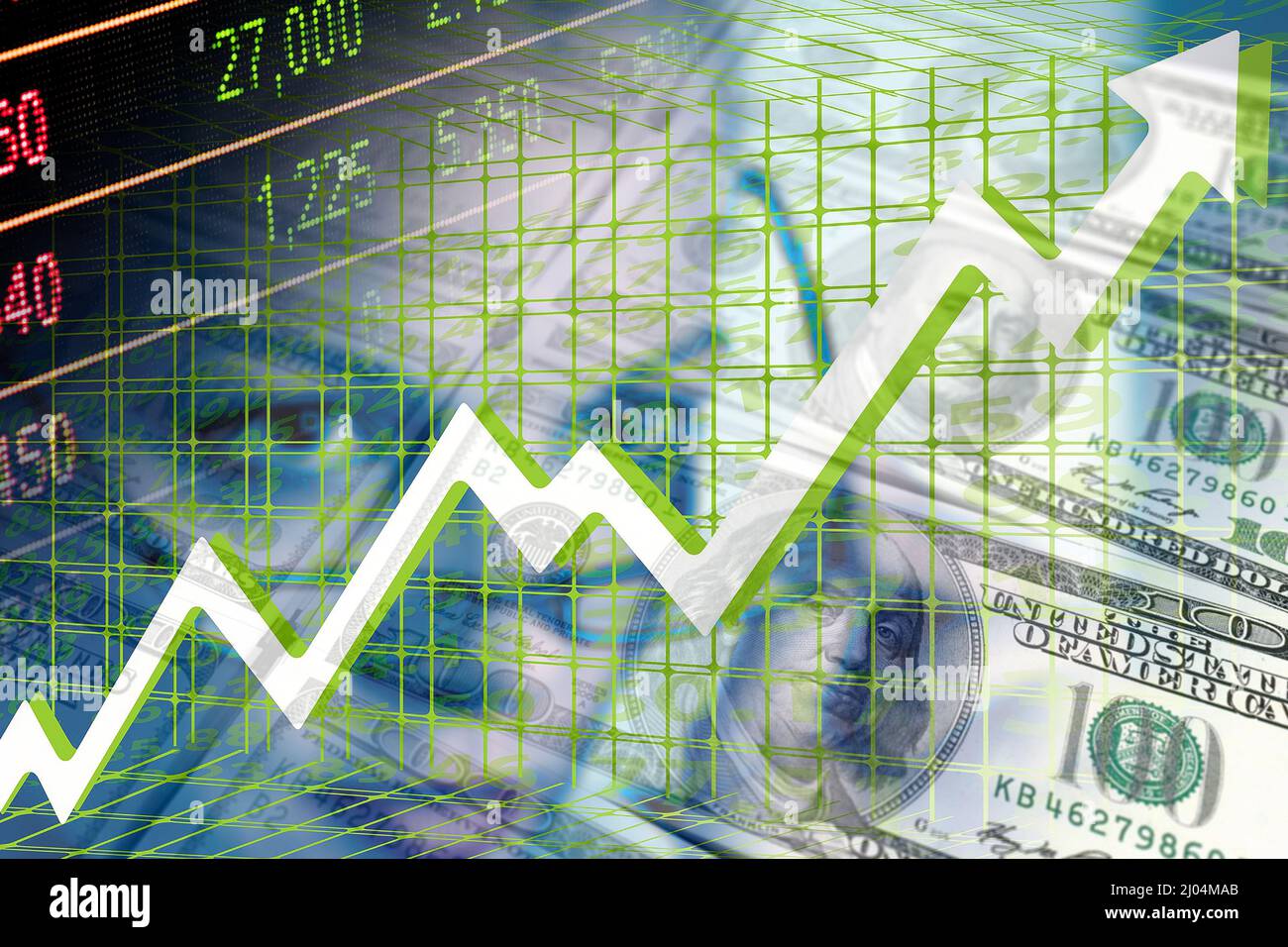 Grafico economico: Bollette da 100 dollari, freccia in ascesa e donna esecutiva (profitto, sviluppo, investimenti, crescita) Foto Stock