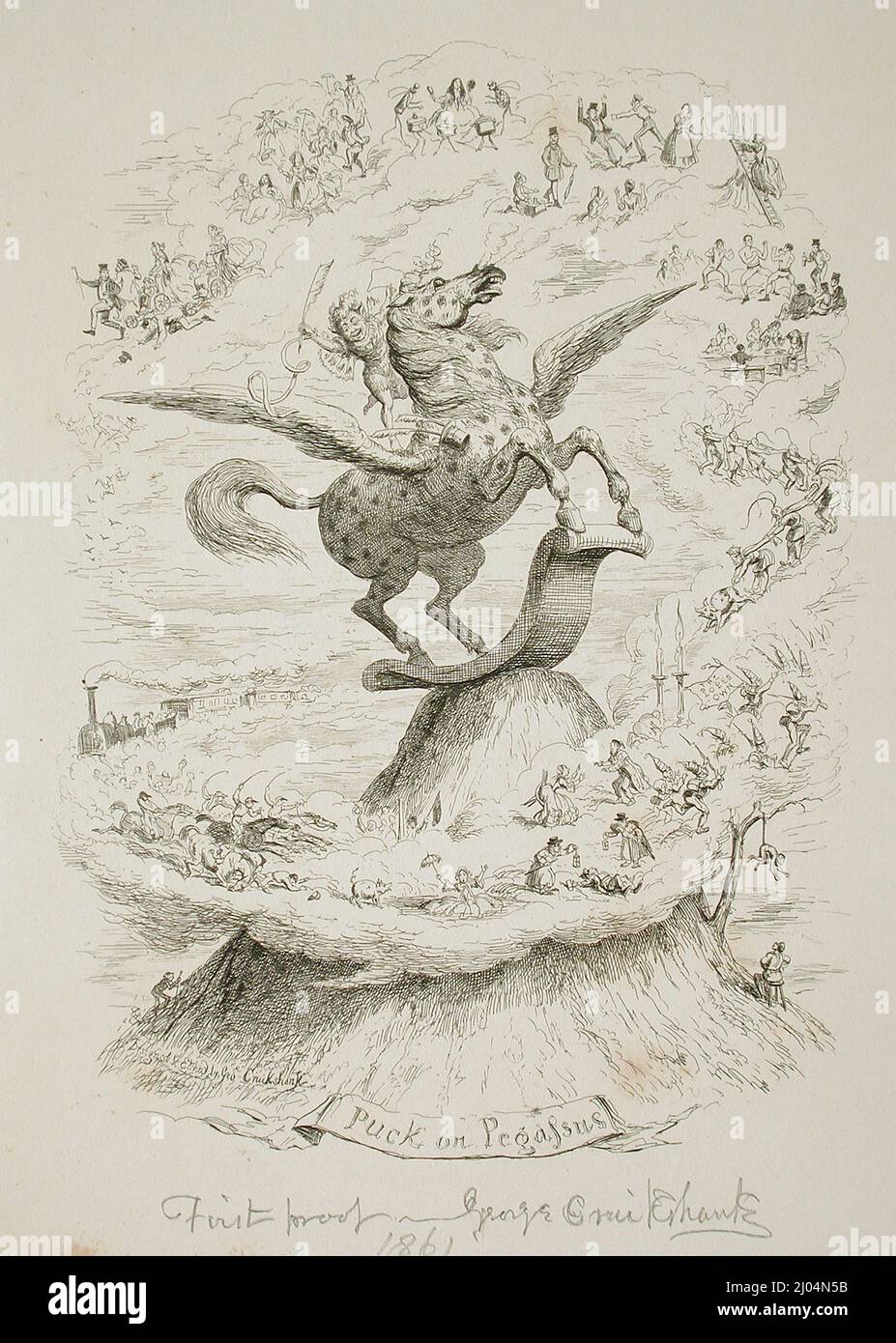 Puck su Pegasus. George Cruikshank (Inghilterra, Londra, 1792-1878). Inghilterra, 1861. Stampe; incisioni. Incisione sul colino del chine Foto Stock