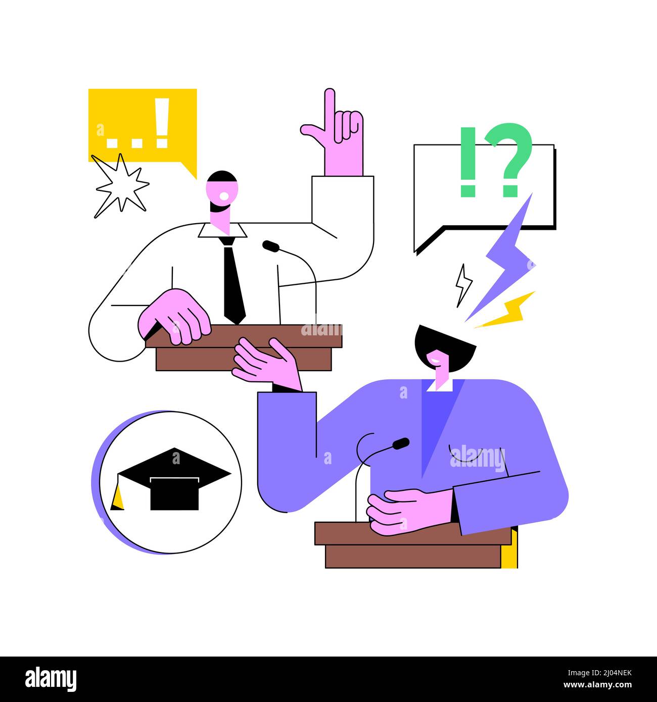 Discutere di concetto astratto club illustrazione vettoriale. Dibattiti in aula, discorsi eloquenti, dibattiti sulla concorrenza, club scolastico, classi di lingua pubblica, efficace capacità di comunicazione metafora astratta. Illustrazione Vettoriale